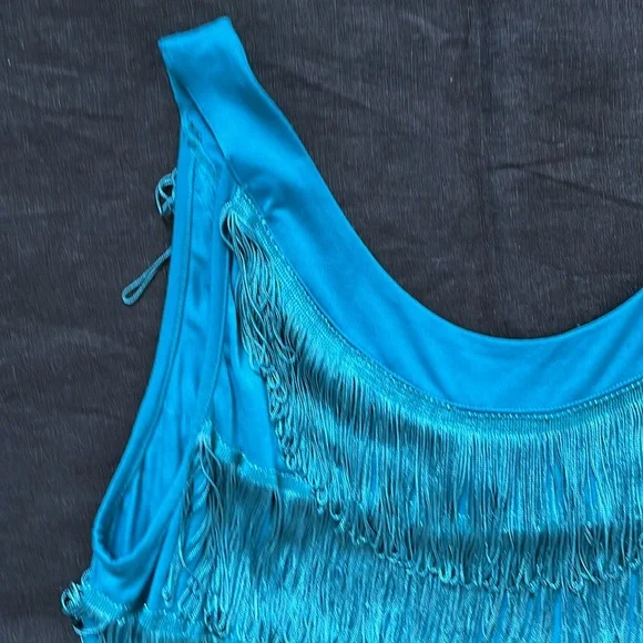 H&M teal Blue Fringe Dress Flapper Great Costume Large - Picture 5 of 8